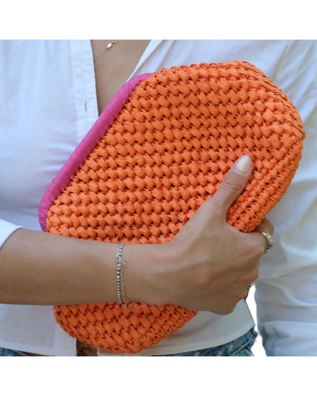 Springmoonatelier Orange Summer Love Handcrafted Raffia Yarn Bag
