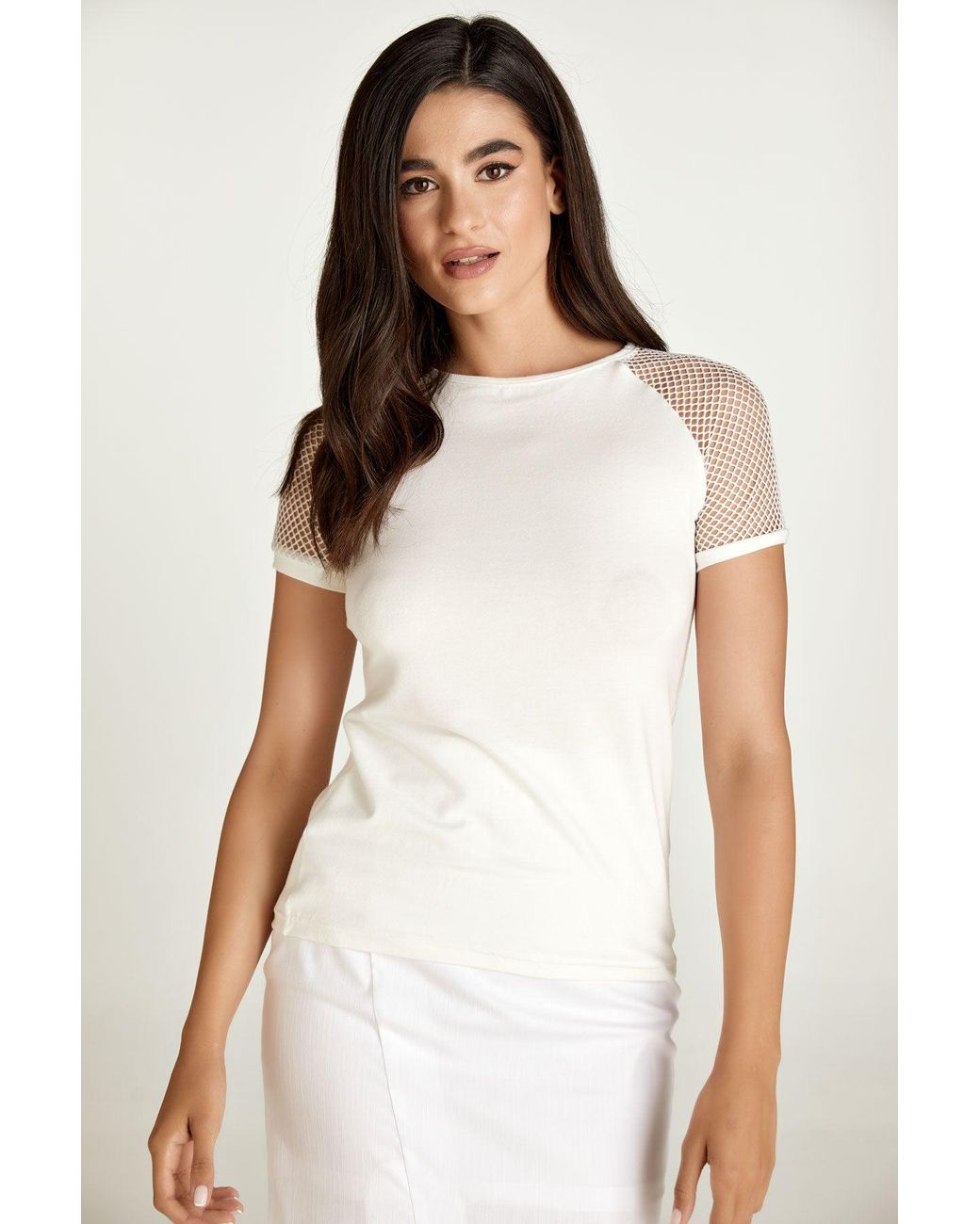 Conquista White Neutrals Ecru Top With Short Net Sleeves