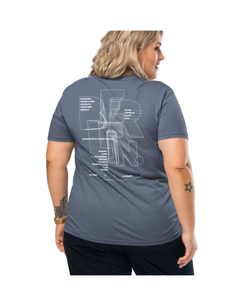 Anchor and Crew Blue Heather Gustatory Berlin Coffee Scene Organic Cotton Embroidered T-Shirt