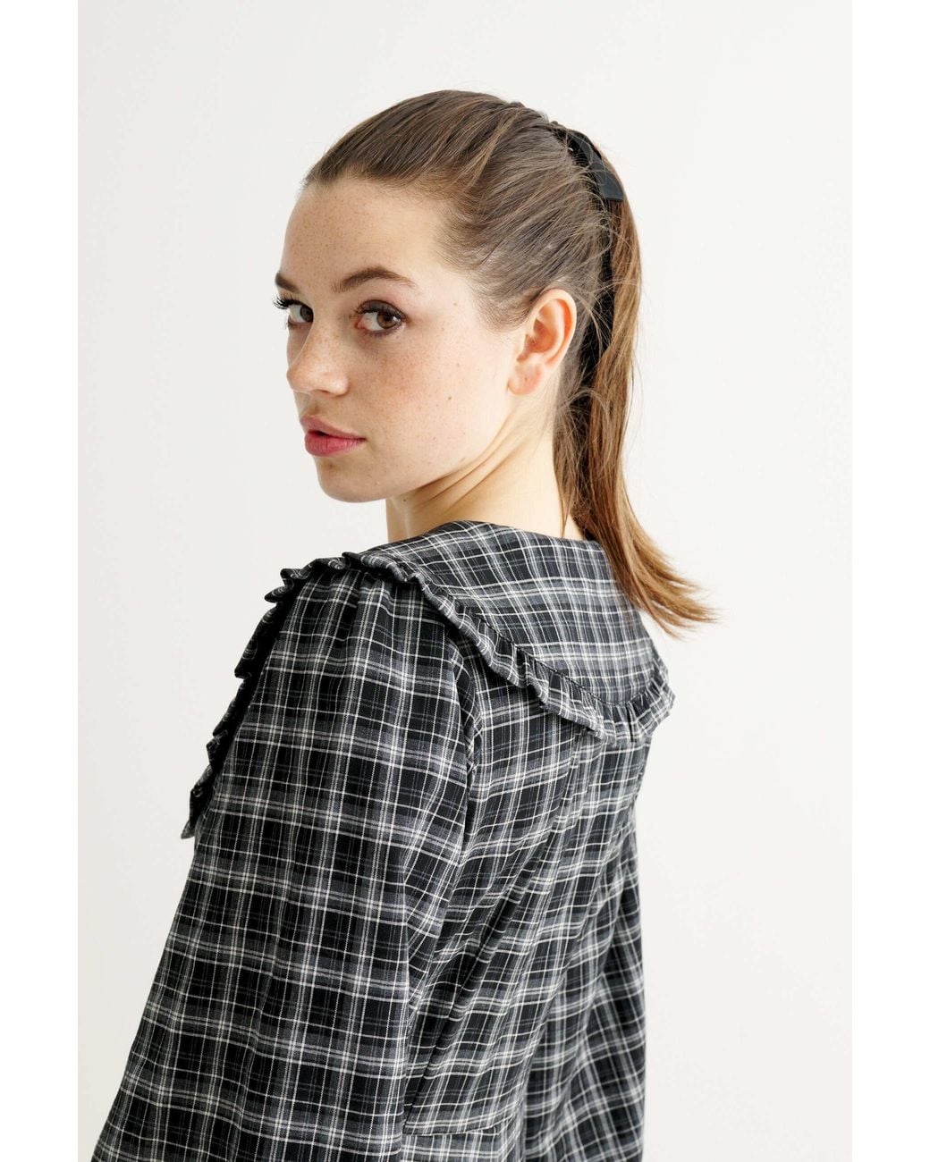 Louche Black Alva Shadow Check Long Sleeve Midi Dress