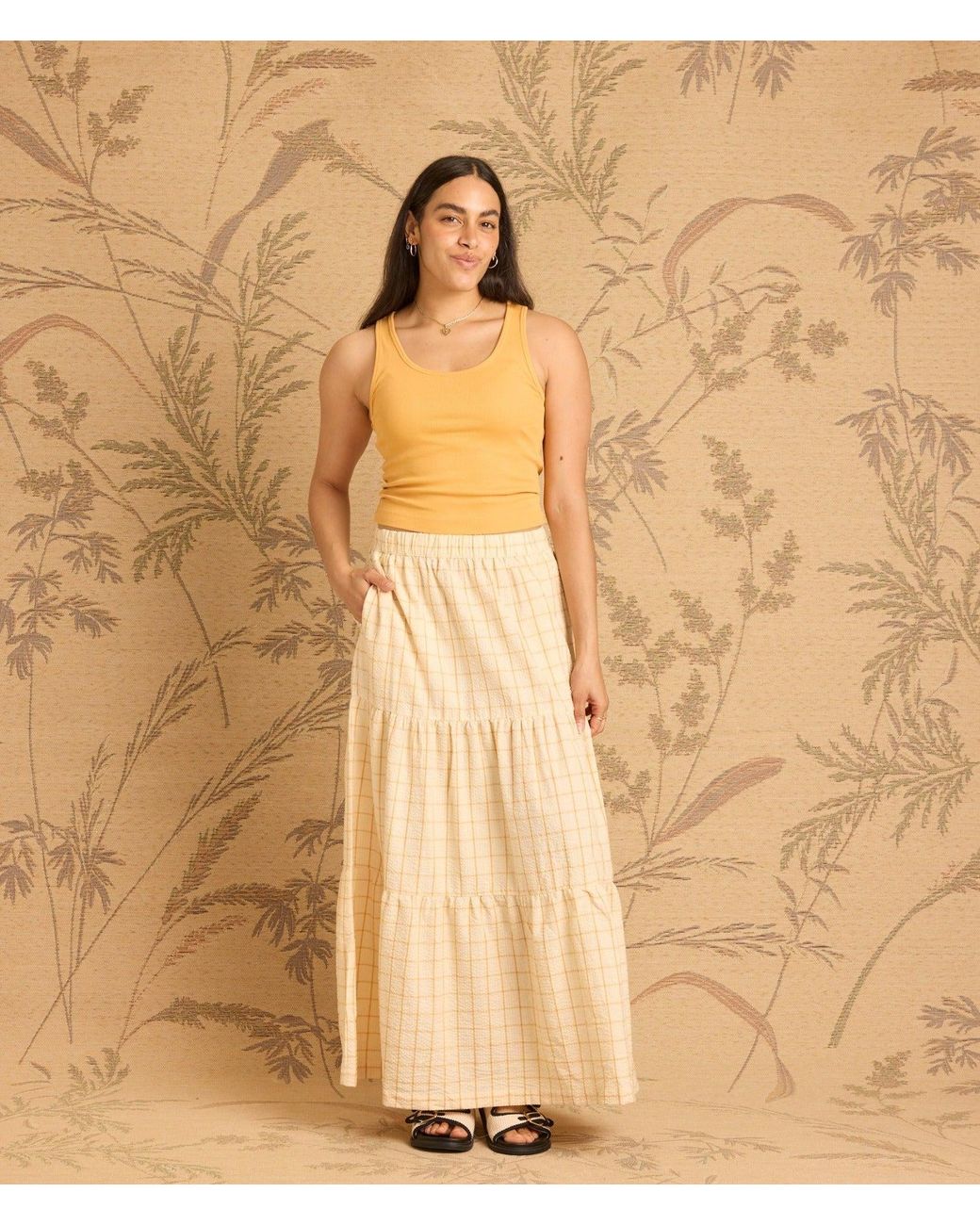 Known Supply Natural Neutrals Tiered Checkered Skirt