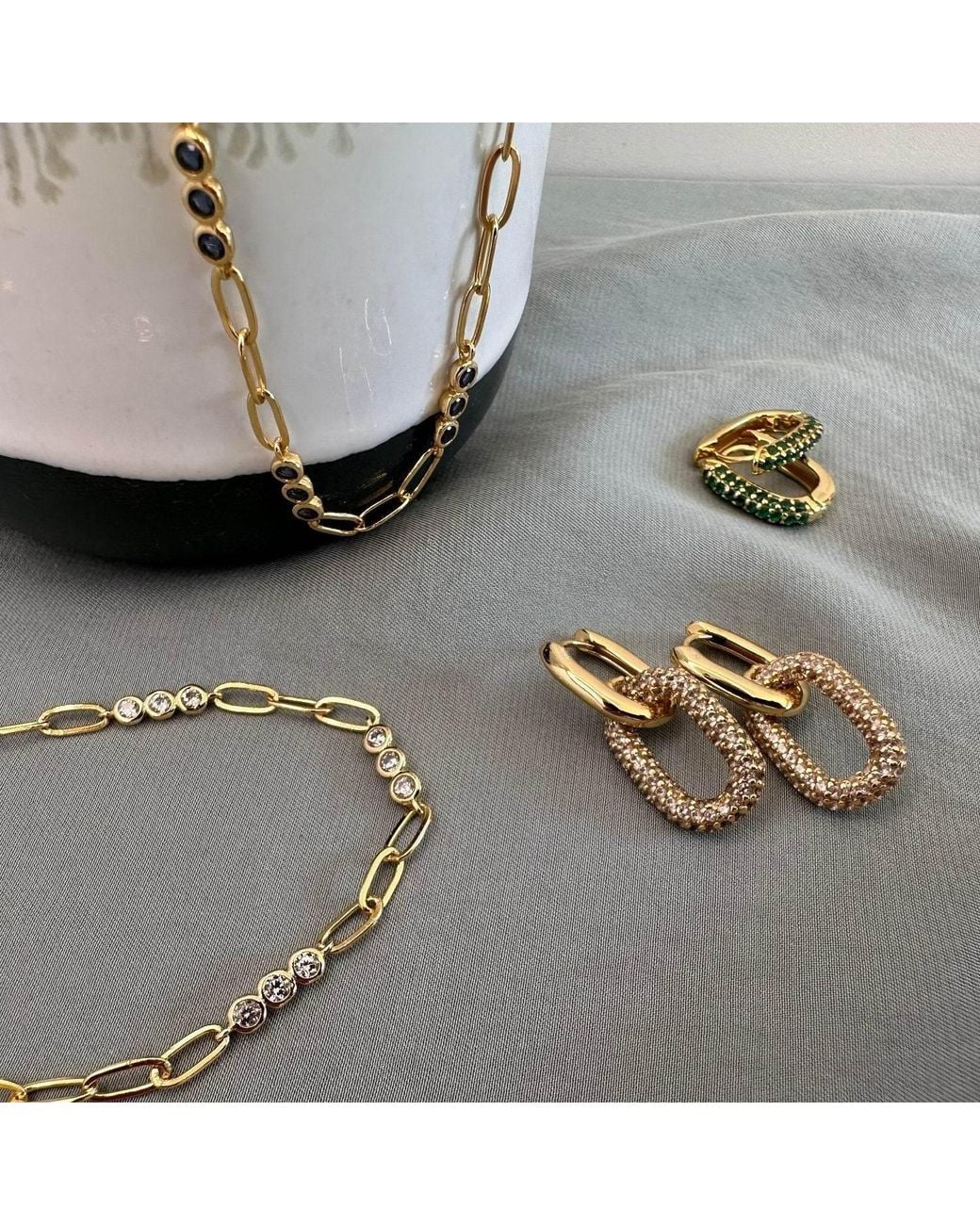 Clemence Wren Green Huggie Earrings With Pave Gemstone Charm