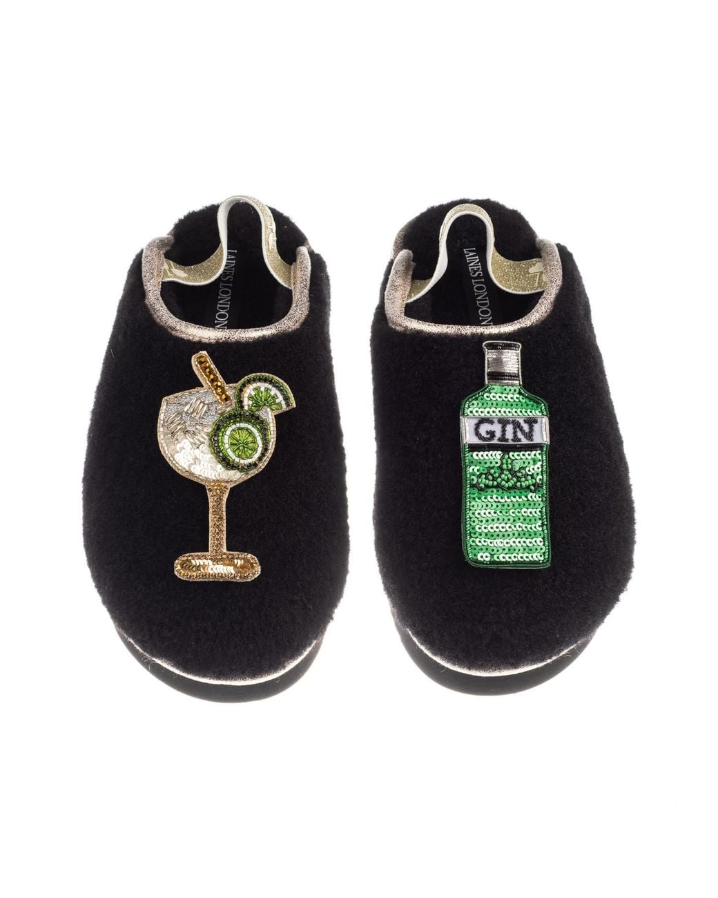 Laines London Black Flatform Cloud Closed Toe Slippers With Original Gin & Glass Brooches