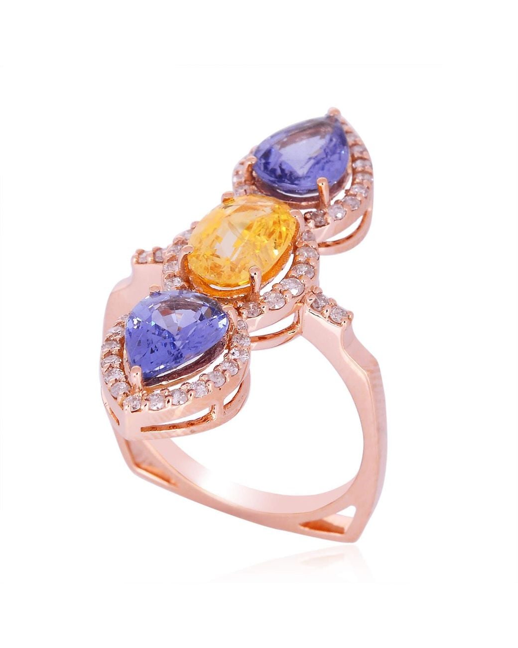 Artisan Multicolor Rose Gold Genuine Diamond Sapphire Cocktail Ring Handmade
