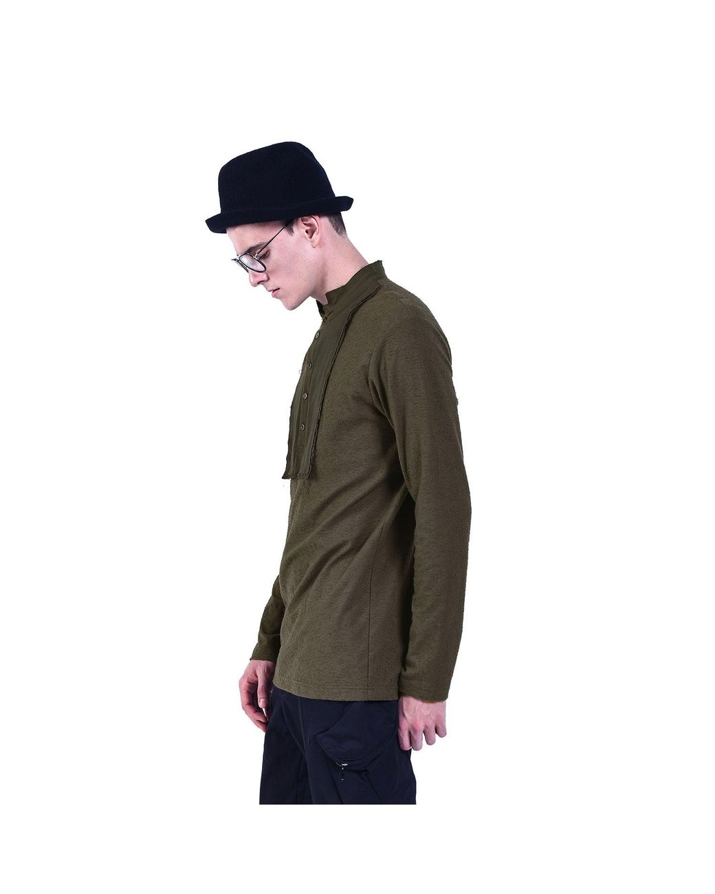 Smart and Joy Green Long-Sleeves T-Shirt With Topstitched Bib And High Collar for men