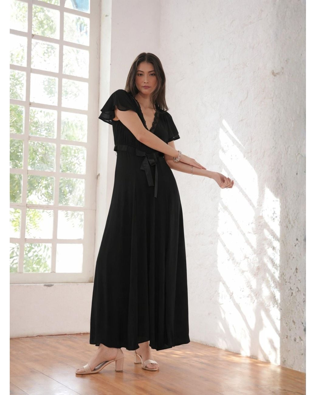 Rose & Nancy Black Chloe Lace Detail Tie Waist Maxi Dress
