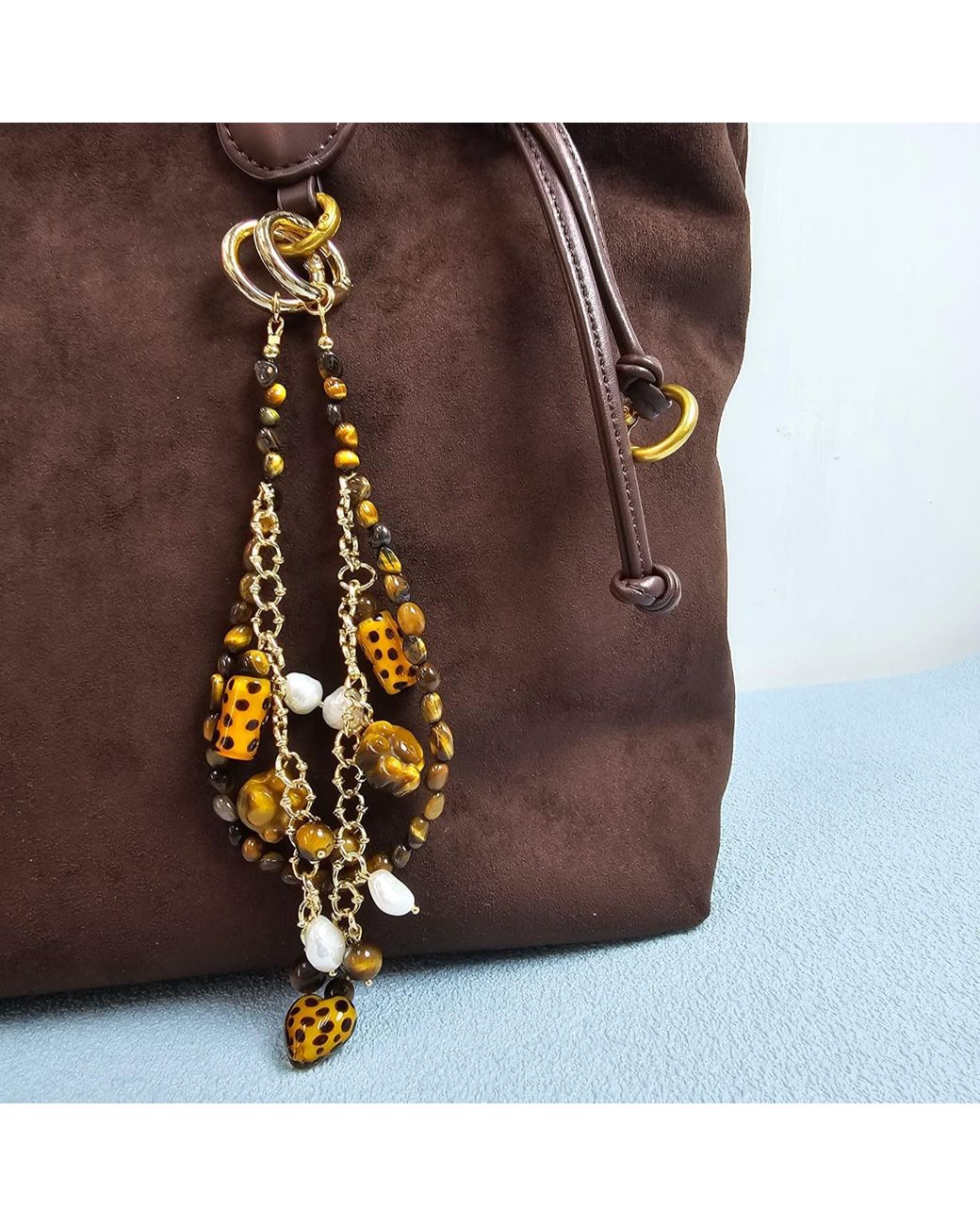 Farra Brown Leopard Print Tiger-Eye Stone And Pearls Layered Bag Charm
