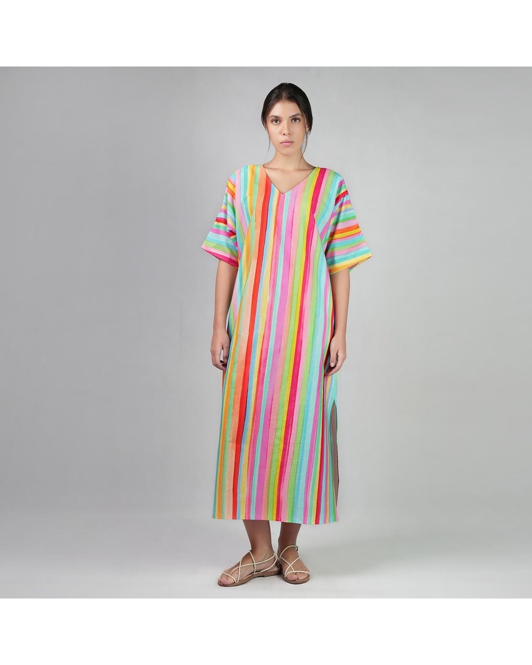 DHARA SHETH DUBAI Blue The Palette Colorful Strips Cotton Kaftan Maxi Dress With Side Slit
