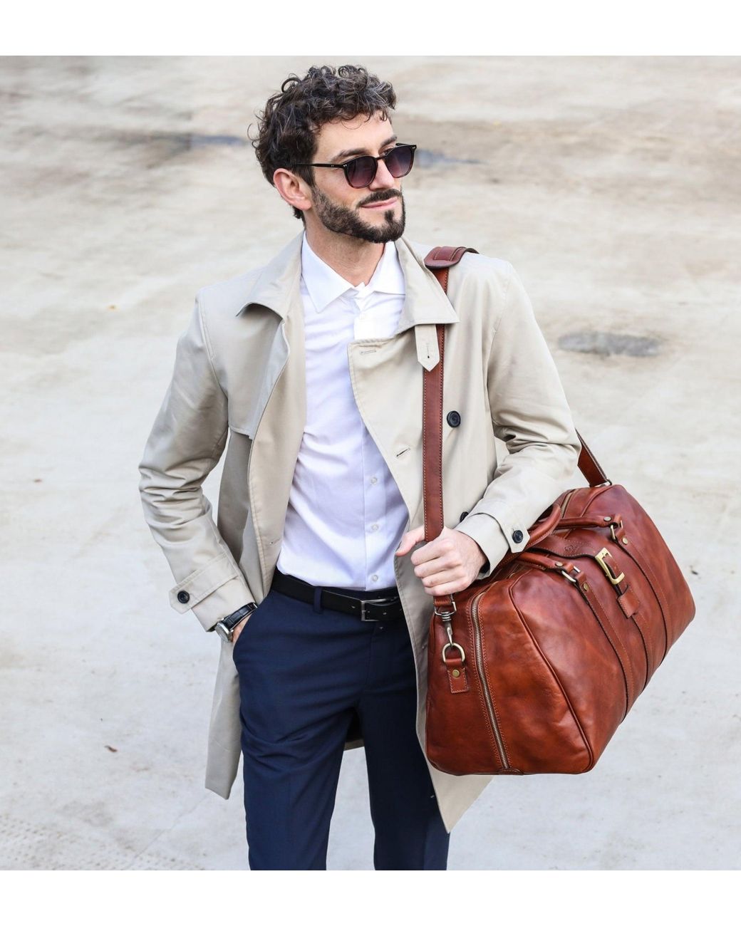 Time Resistance Brown Cognac Matte Leather Duffel Bag For for men