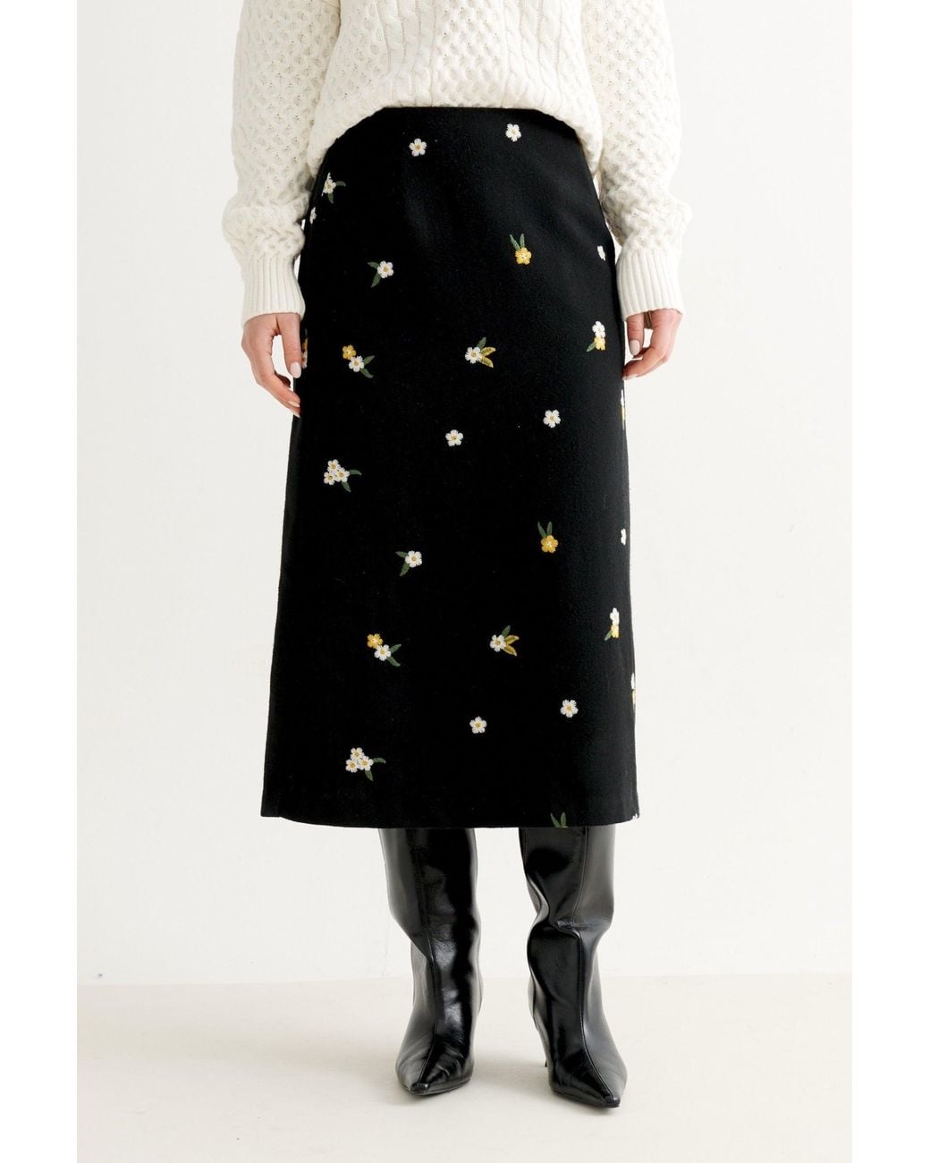 Louche Black Buffy Daisy Tweed Midi Skirt