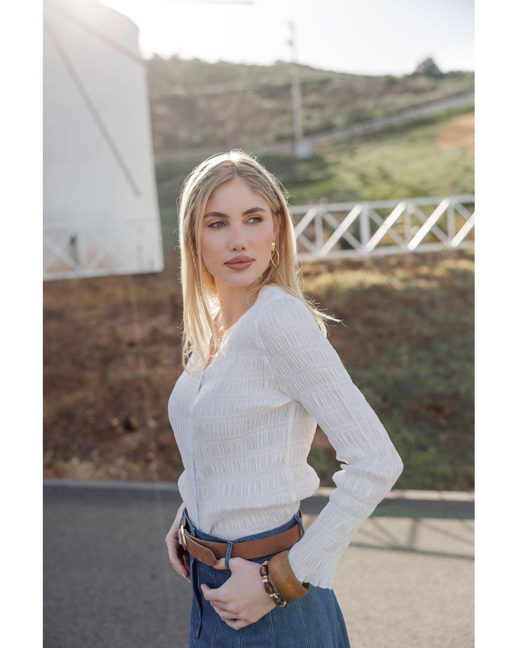 Rave on Trend White Ruched Button-Down Top