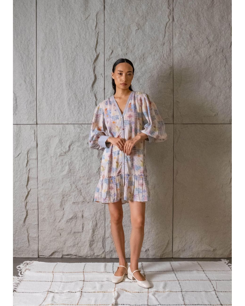 Maison Qala Blue Neutrals Farasha V Neck Short Dress