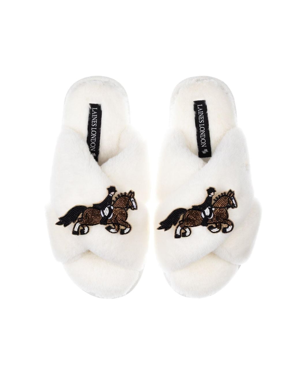 Laines London White Neutrals Classic Laines Slippers With Dressage Horse Brooches