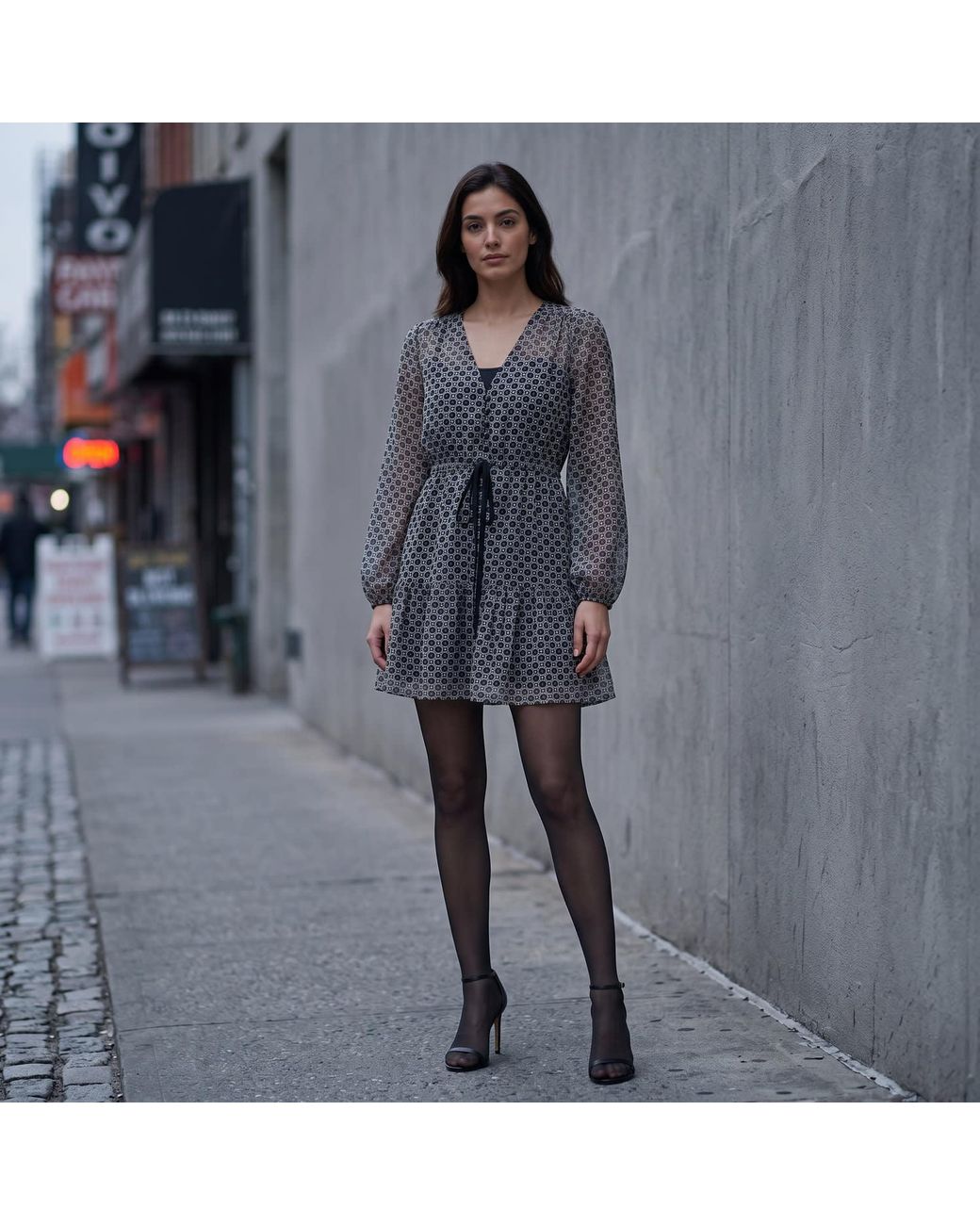 Modenaire Gray Polka Dot Embroidered Lace Dress With V-Neck & Tie Waist