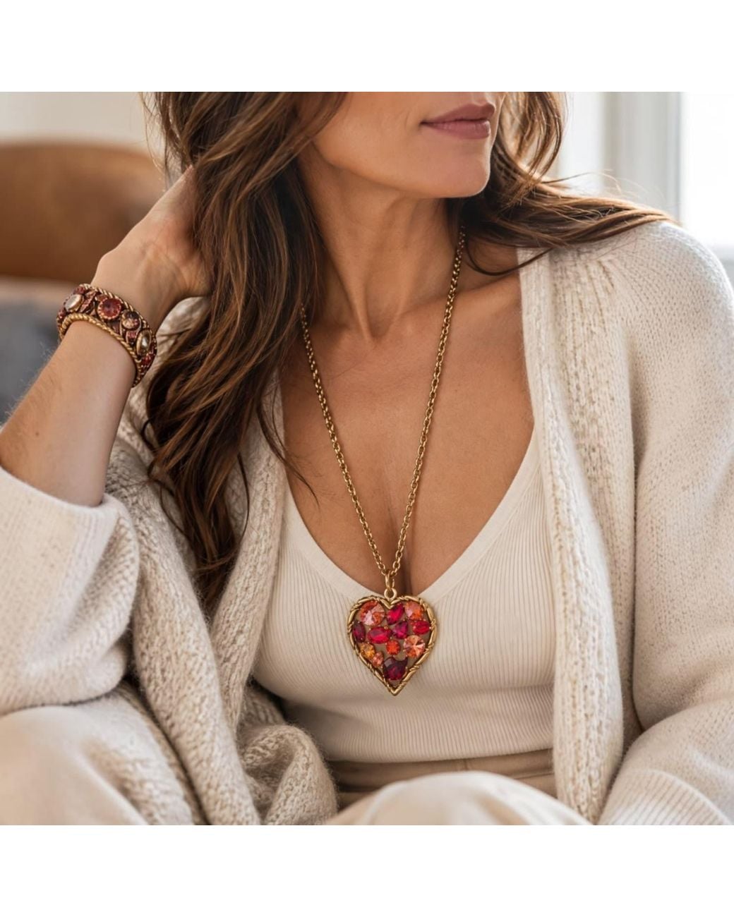 Vstyle Metallic Swarovski Crystal Heart Long Necklace