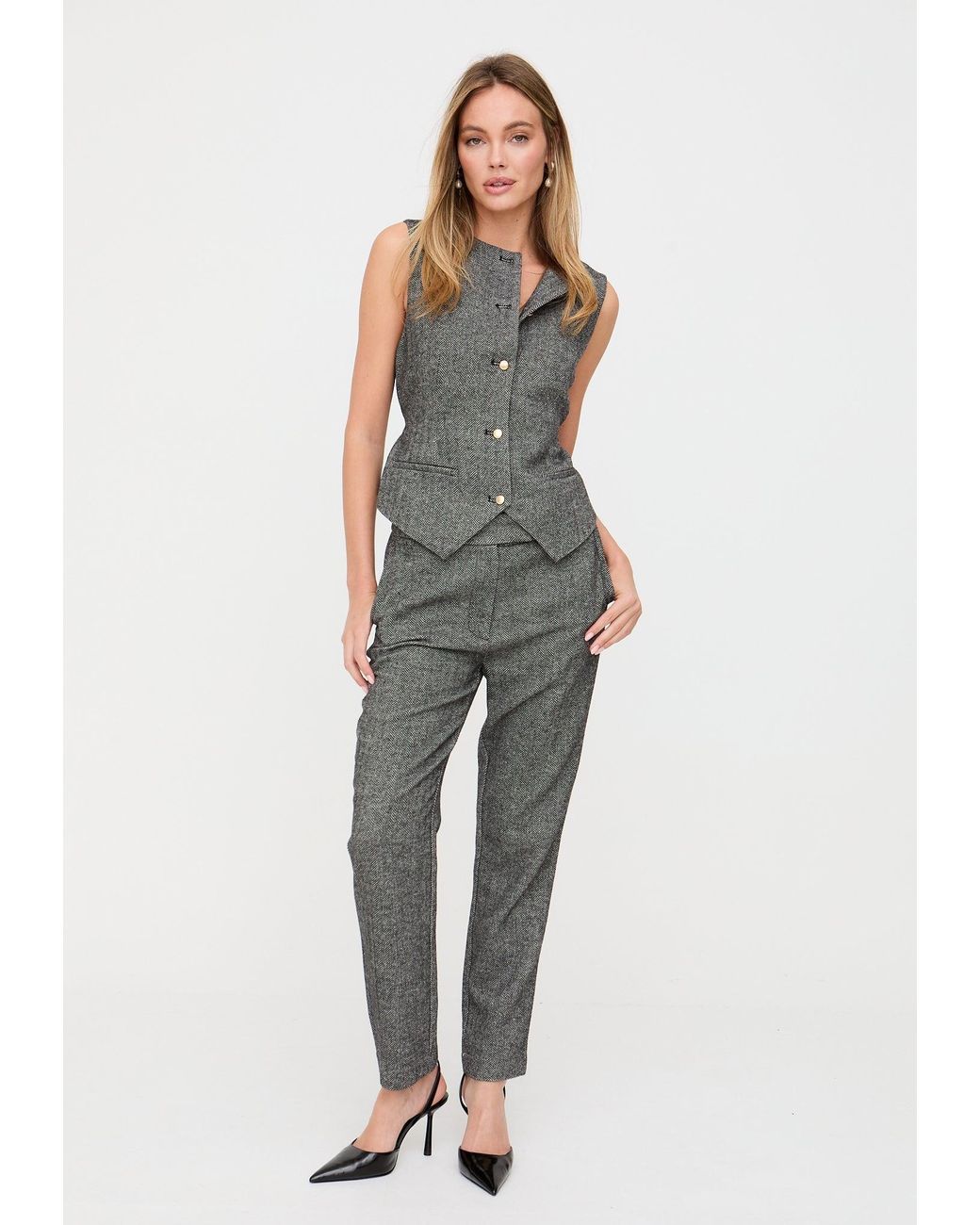 Lily and Lionel Gray Pandora Tapered Herringbone Print Trouser