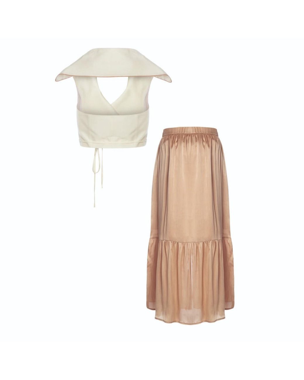 Women & Women Natural Neutrals Marine, Bias Detail, Sleeveless Wrap Shirt And Hermosa Slit, Long, Buttoned, Satin Skirt