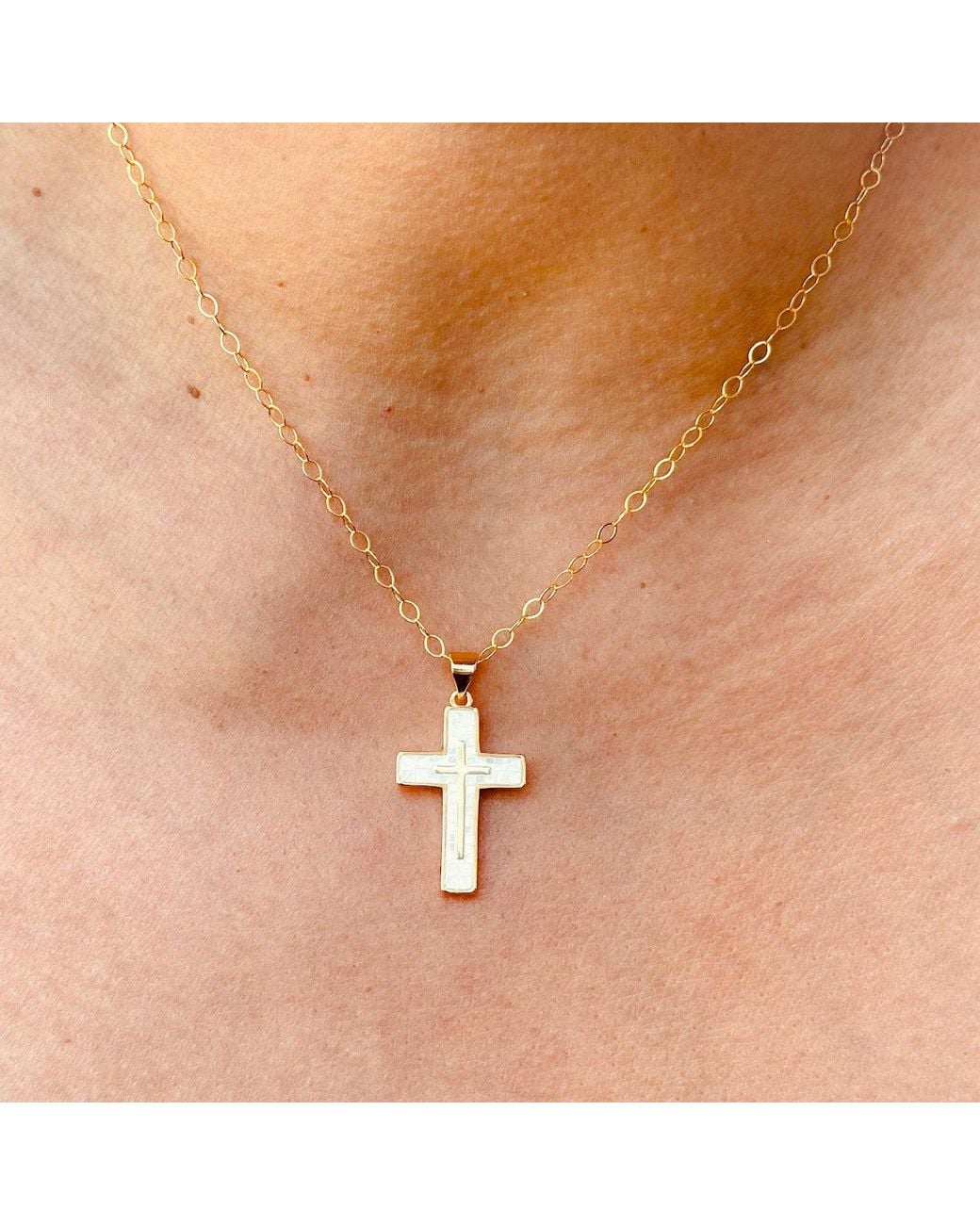Lexi Jewelry Metallic Mother Of Pearl Mosaic Cross Necklace