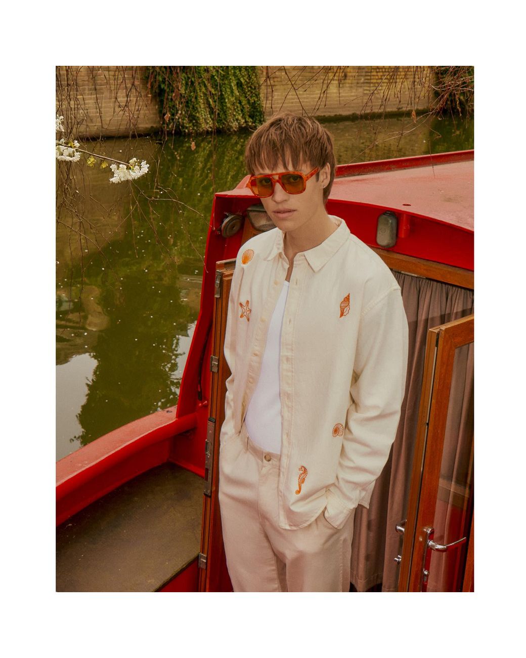INGMARSON Pink Shell Embroidered Organic Cotton Shirt Ecru for men