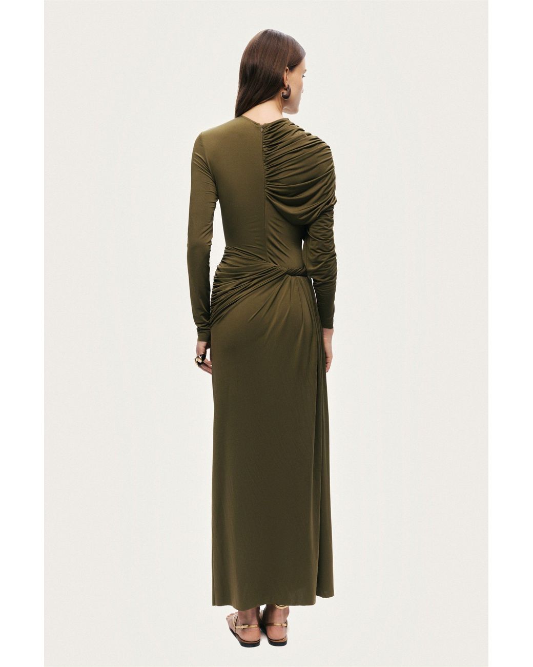 Nocturne Green Neutrals Draped Long Sleeve Maxi Dress