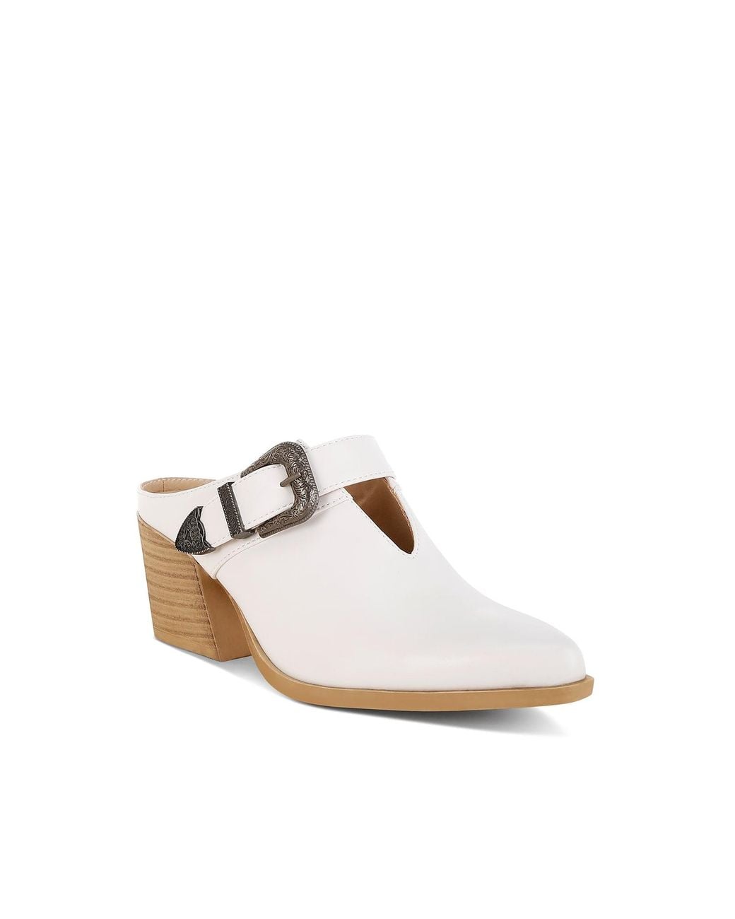 Rag & Co White Holler Carved Buckle Statement Mules