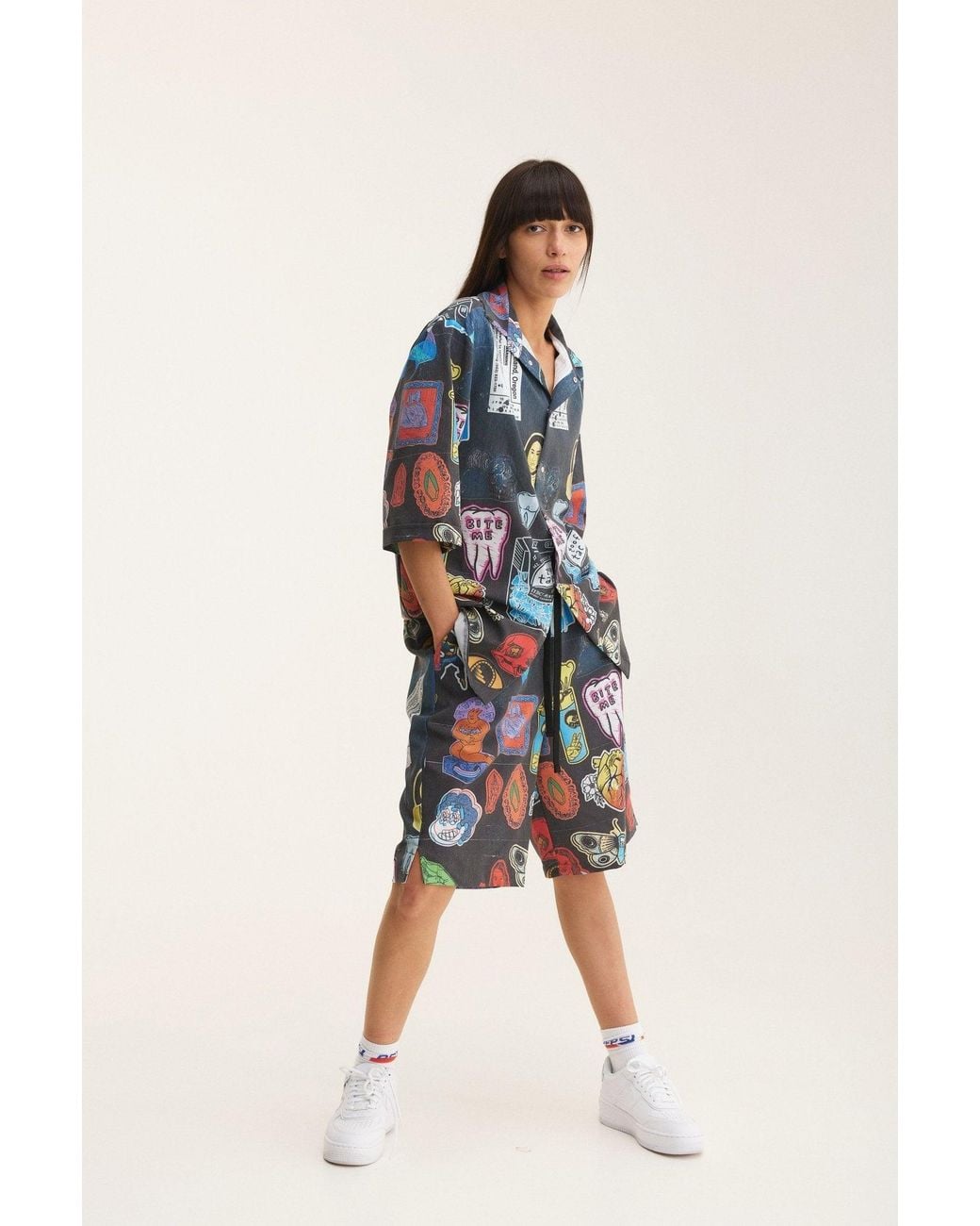 mysimplicated Blue Short Sleeve Shirt And Bermuda Set With Stickers Design