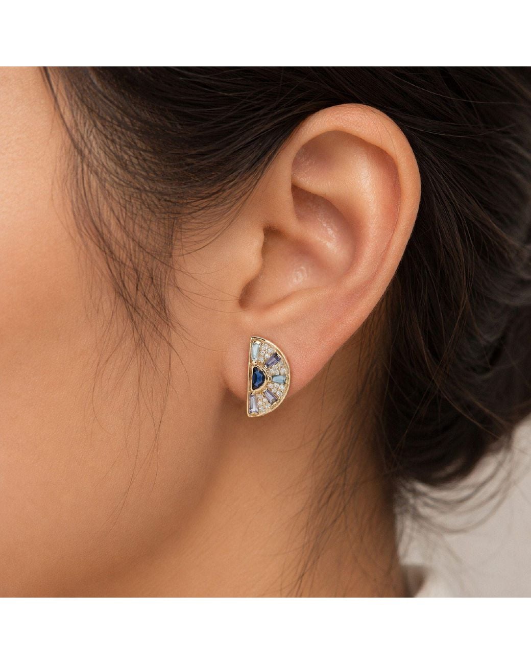 Artisan Metallic 18k Yellow Gold Pave Diamond Baguette Sapphire Aquamarine Topaz Stud Earrings Jewelry