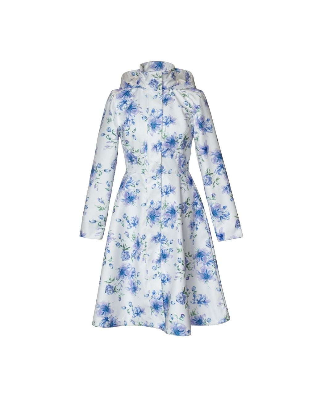 RainSisters Blue Knee Length Coat With Flower Print: Floral