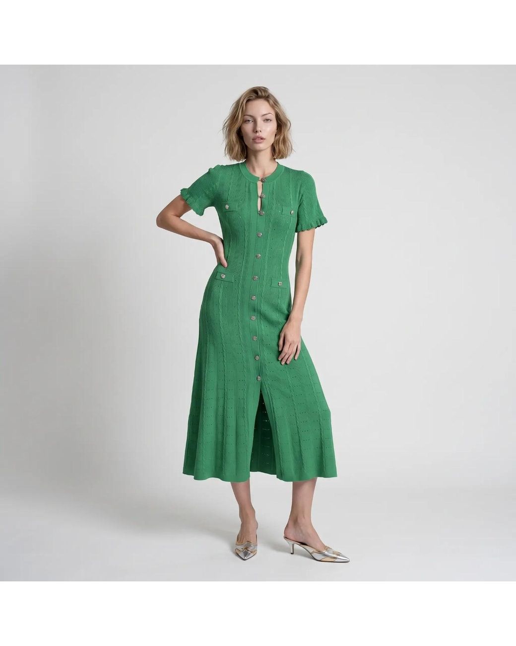 Modenaire Green Textured Knit Midi Dress Refined Button Front