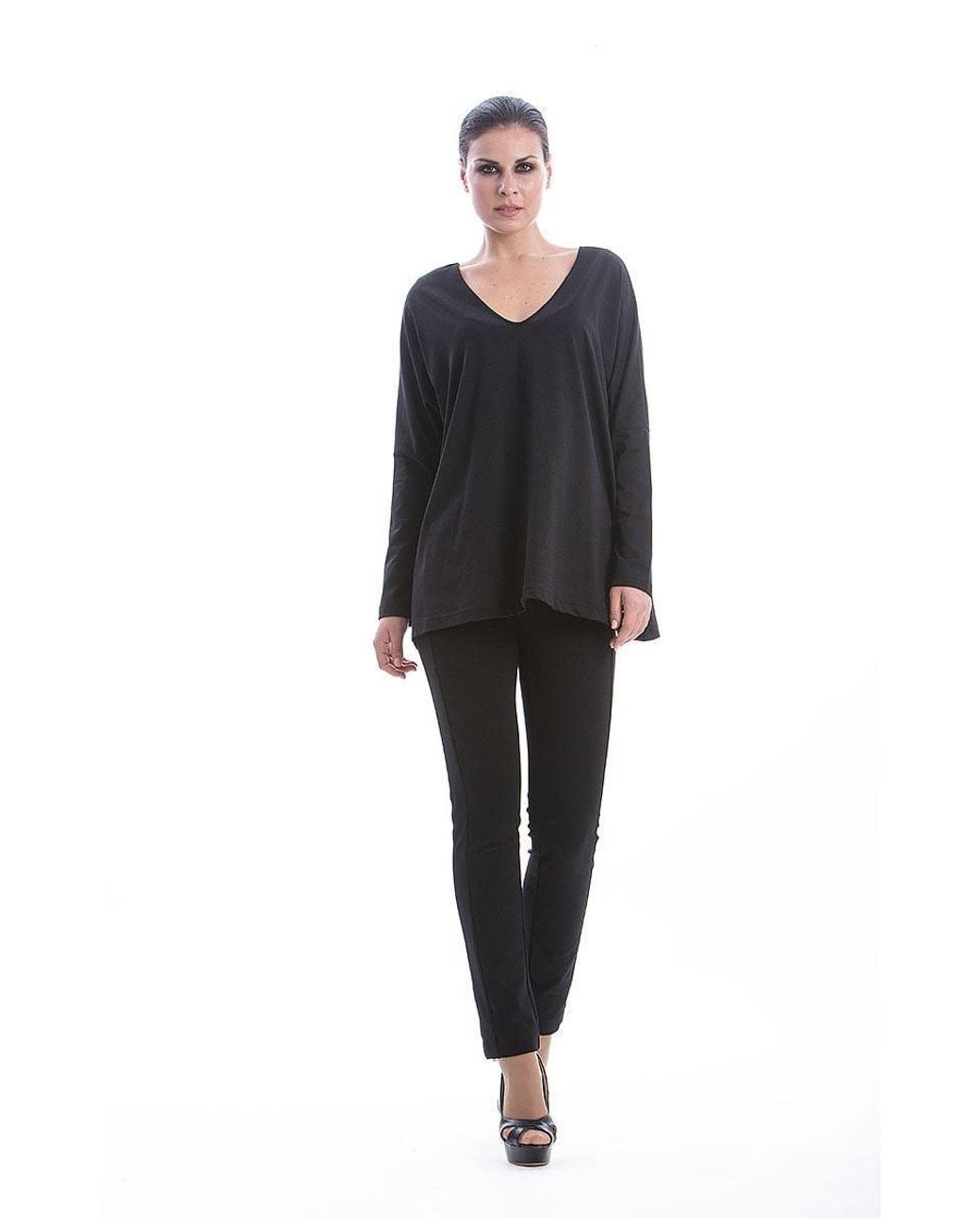 Conquista Black Loose Fit Long Sleeve V Neck Top By Fashion