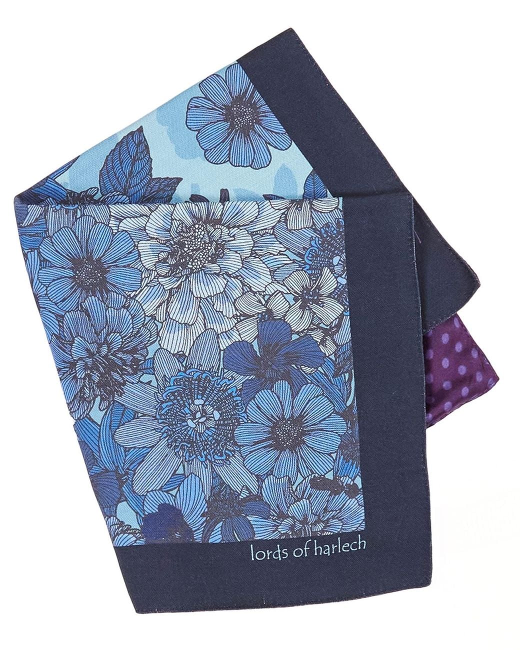 Lords of Harlech Blue Hudson Valencia Floral Merino Handkerchief Pocket Square for men