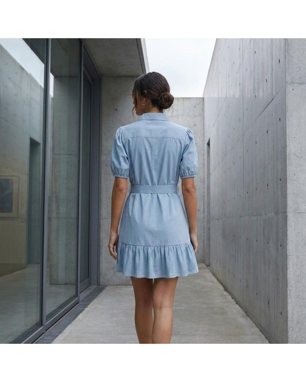 Modenaire Blue Button Up Mini Dress Sculpted Sleeve
