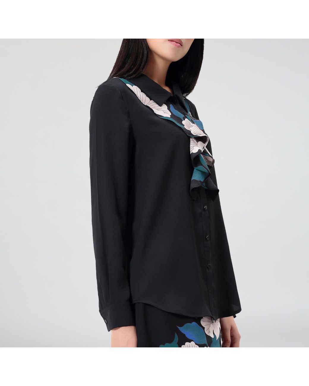 Smart and Joy Blue Flower Print Jabot Collar Blouse