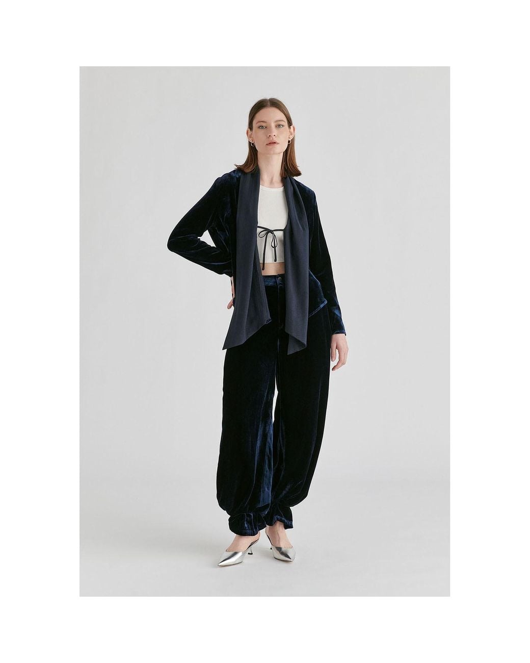 Paisie Blue Velvet Wide-Leg Trousers With Separate Elastic Ankle Bands