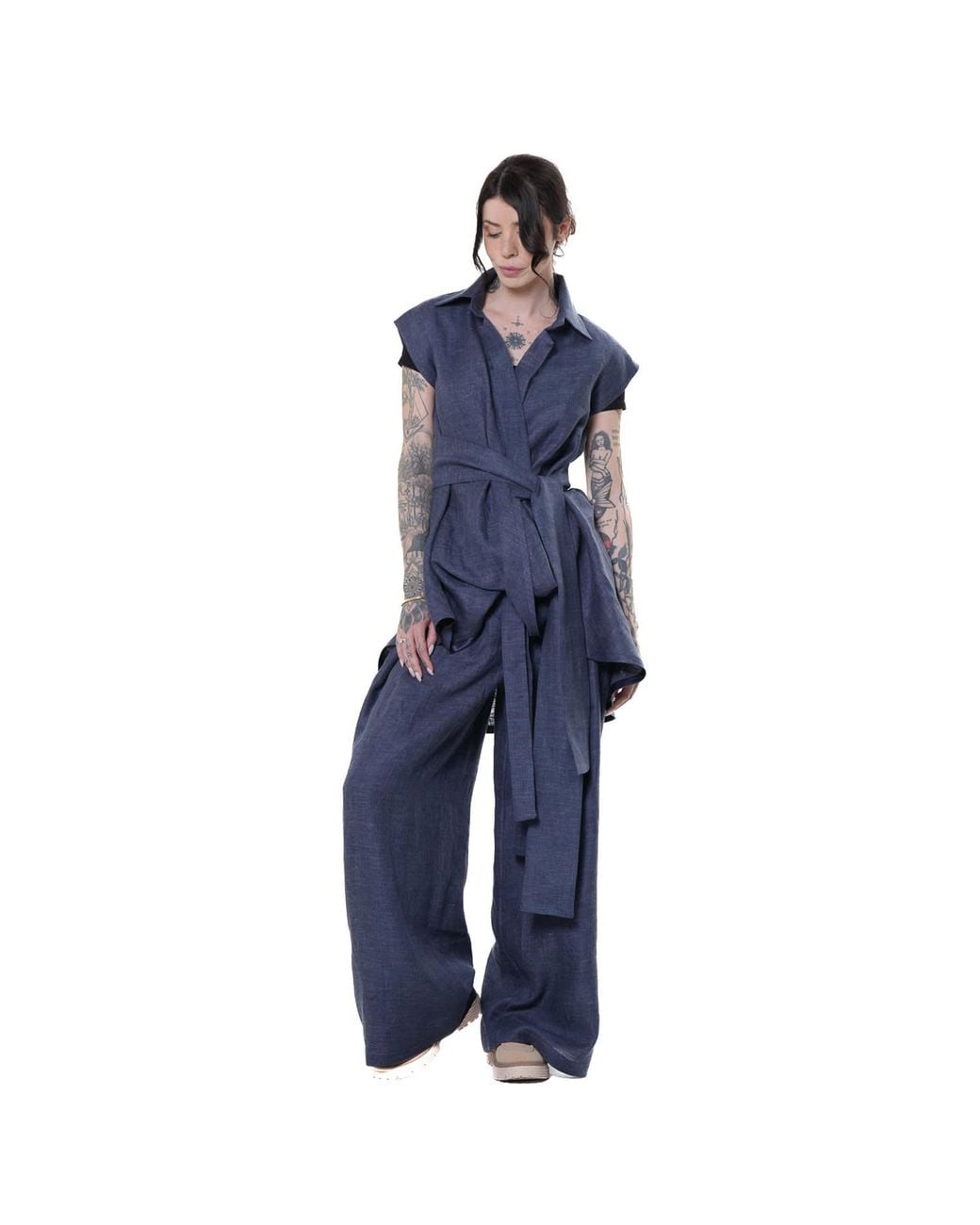 Metamorph Blue Linen Denim Wide-Leg Trousers