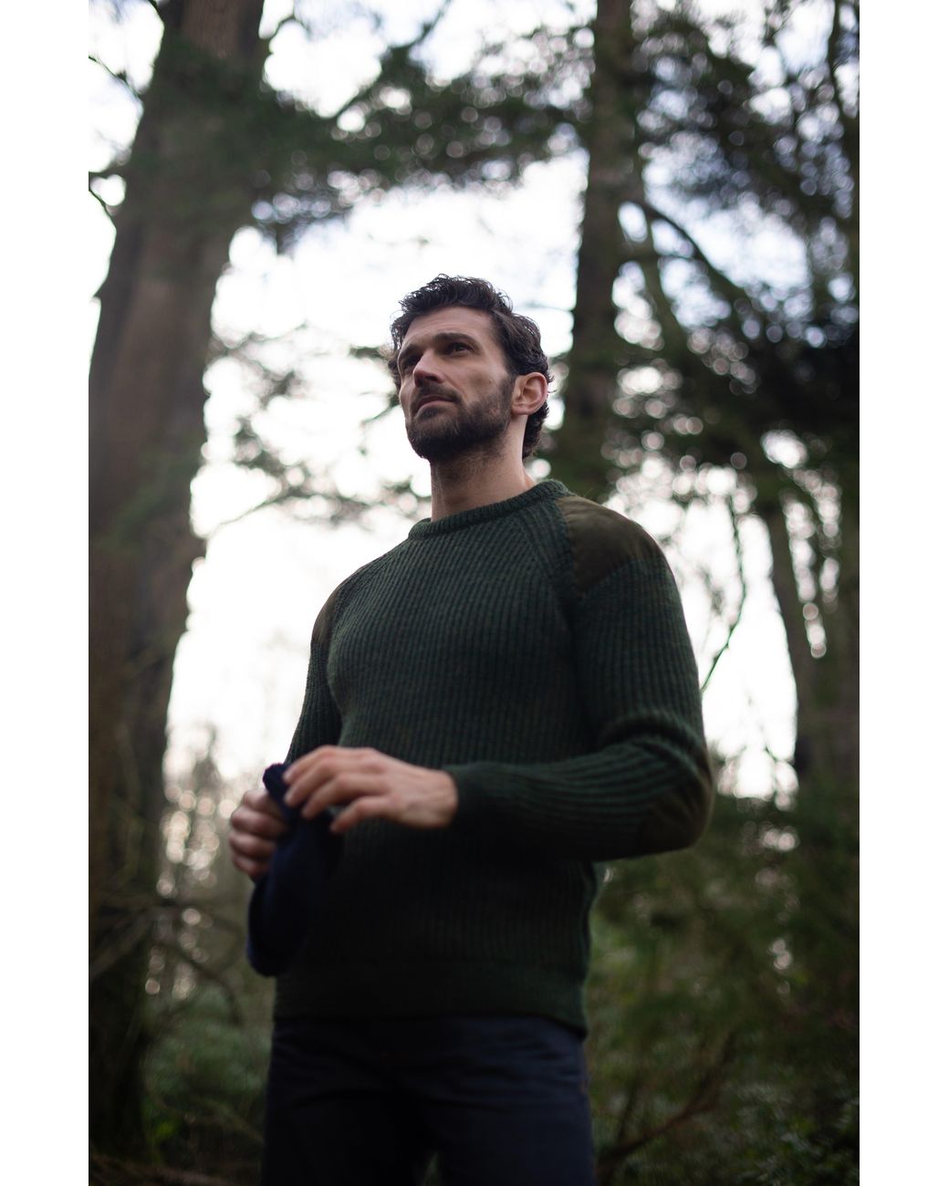 Paul James Knitwear Green Chunky British Wool Hardy Ribbed Shooting Jumper for men