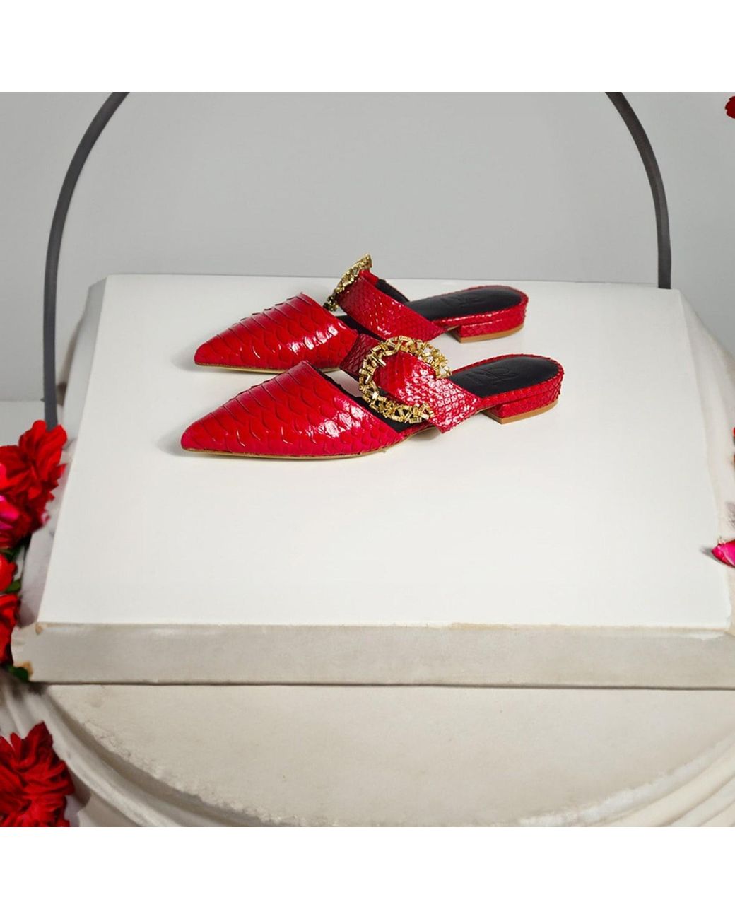 Aethra Shoes Red Adel Leather Crystal Buckle Mule Flats