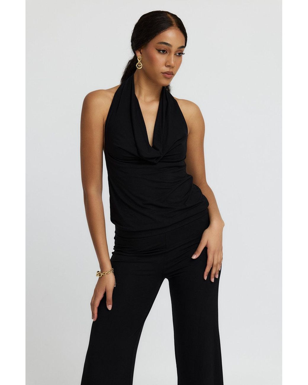 Why Mary Black Diana Cowl Halter Neck Jumpsuit