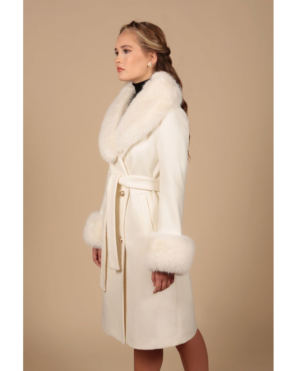 Santinni Natural Marlene Cashmere & Wool Coat With Faux Fur