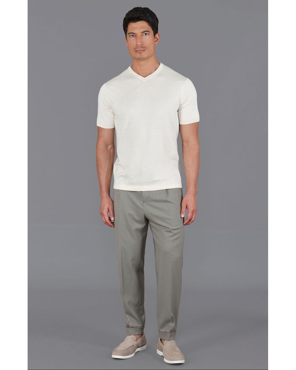 Paul James Knitwear White Neutrals Ultra Fine Cotton Hudson High V Neck Knitted T-Shirt for men