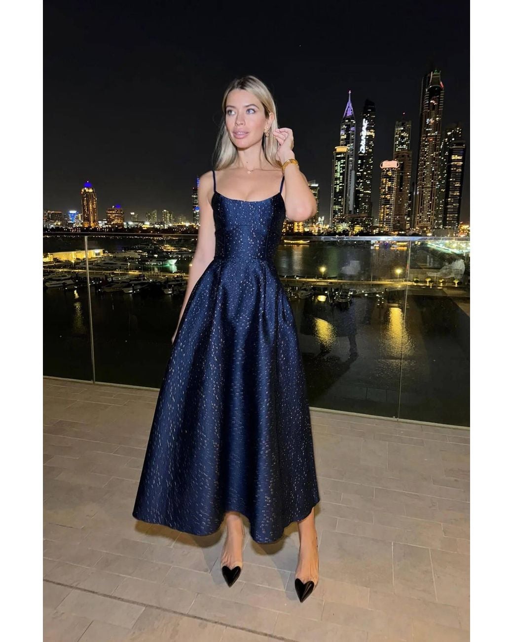 POST MERIDIEM Blue Jacquard Flecks Bustier Dress