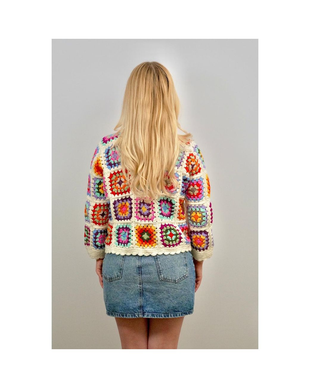 Ana Chic Red Cream Granny Square Handmade Crochet Oversized Cardigan