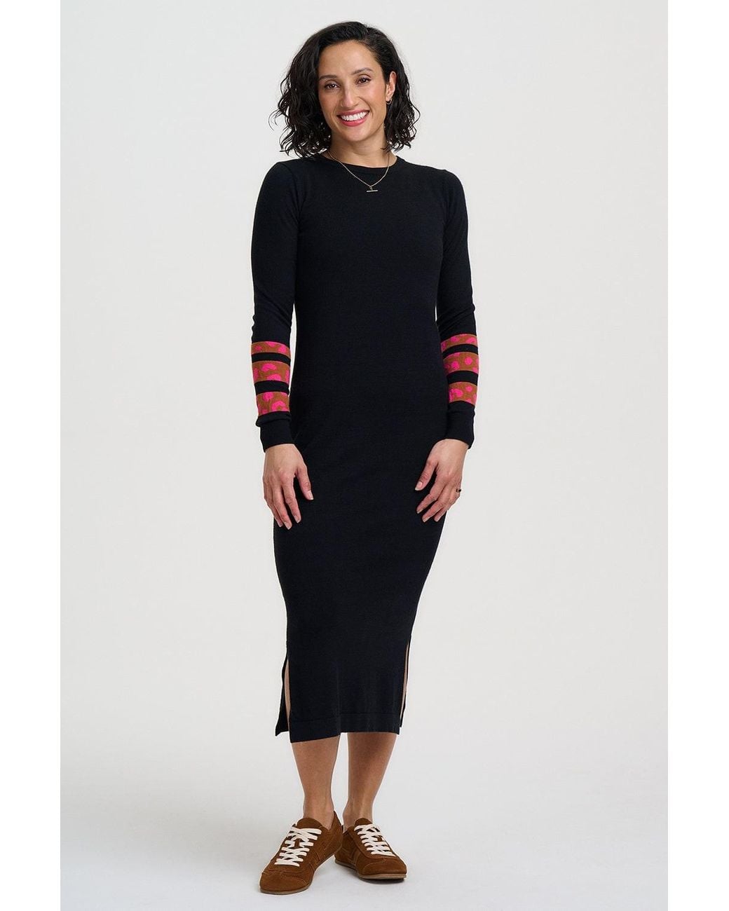 Sugarhill Black Liselle Knitted Midi Dress Leopard Stripe