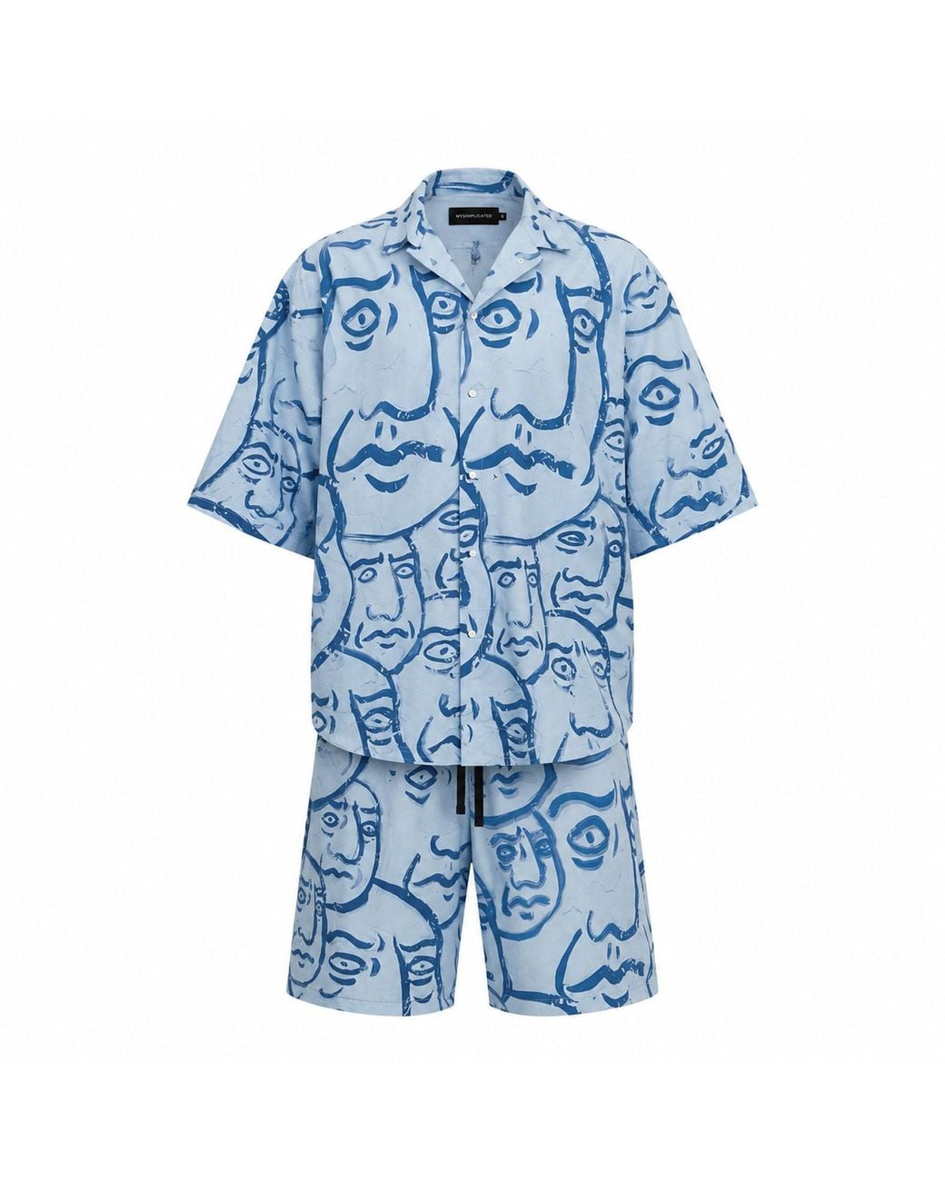 mysimplicated Blue Short Sleeve Shirt And Bermuda Set With Faces Design