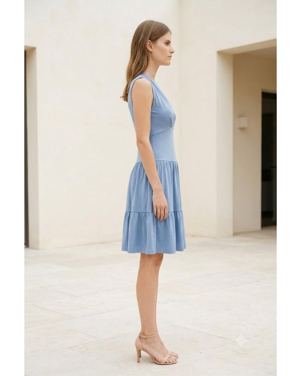 Conquista Blue Pleated V-Neck Flounce Dress