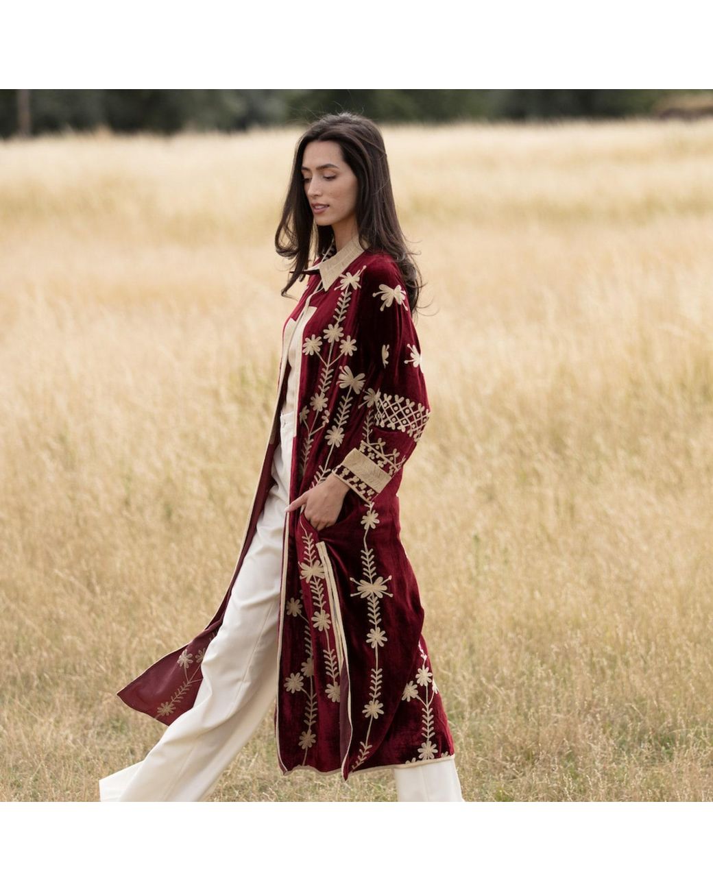 Antra Designs Red Suki Claret Silk Velvet Coat