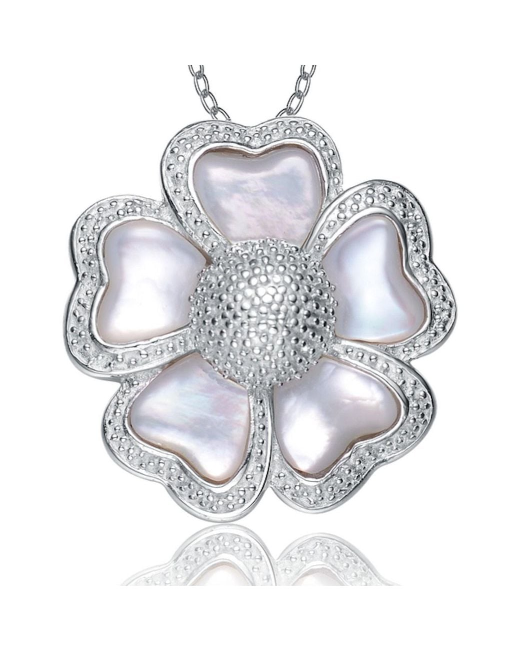 Genevive Jewelry Metallic Cubic Zirconia Sterling Rhodium Plated Mother Of Pearl Flower Pendant