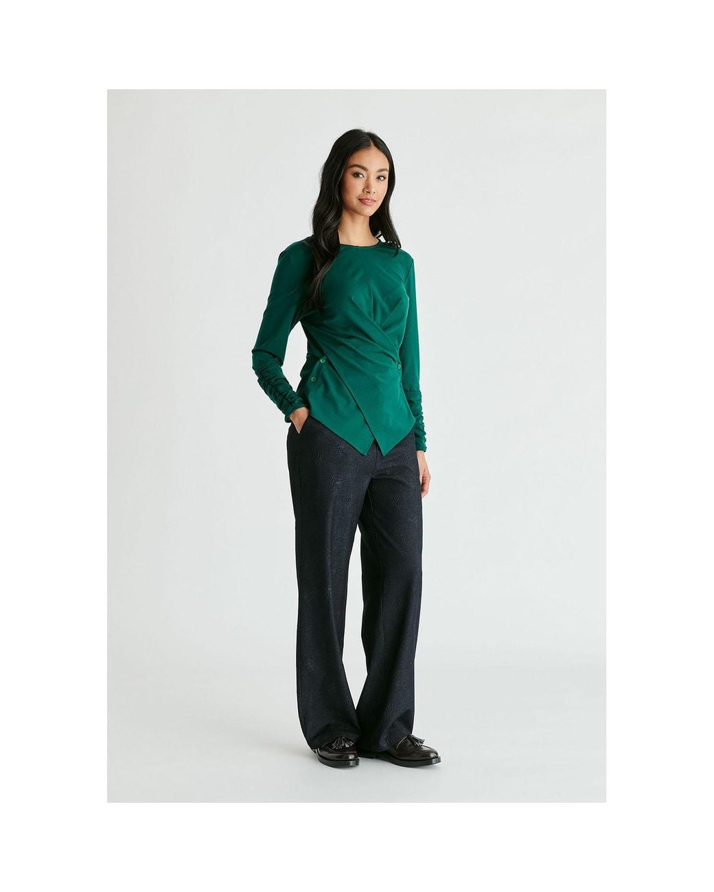 Paisie Green Side Button Jersey Wrap Top