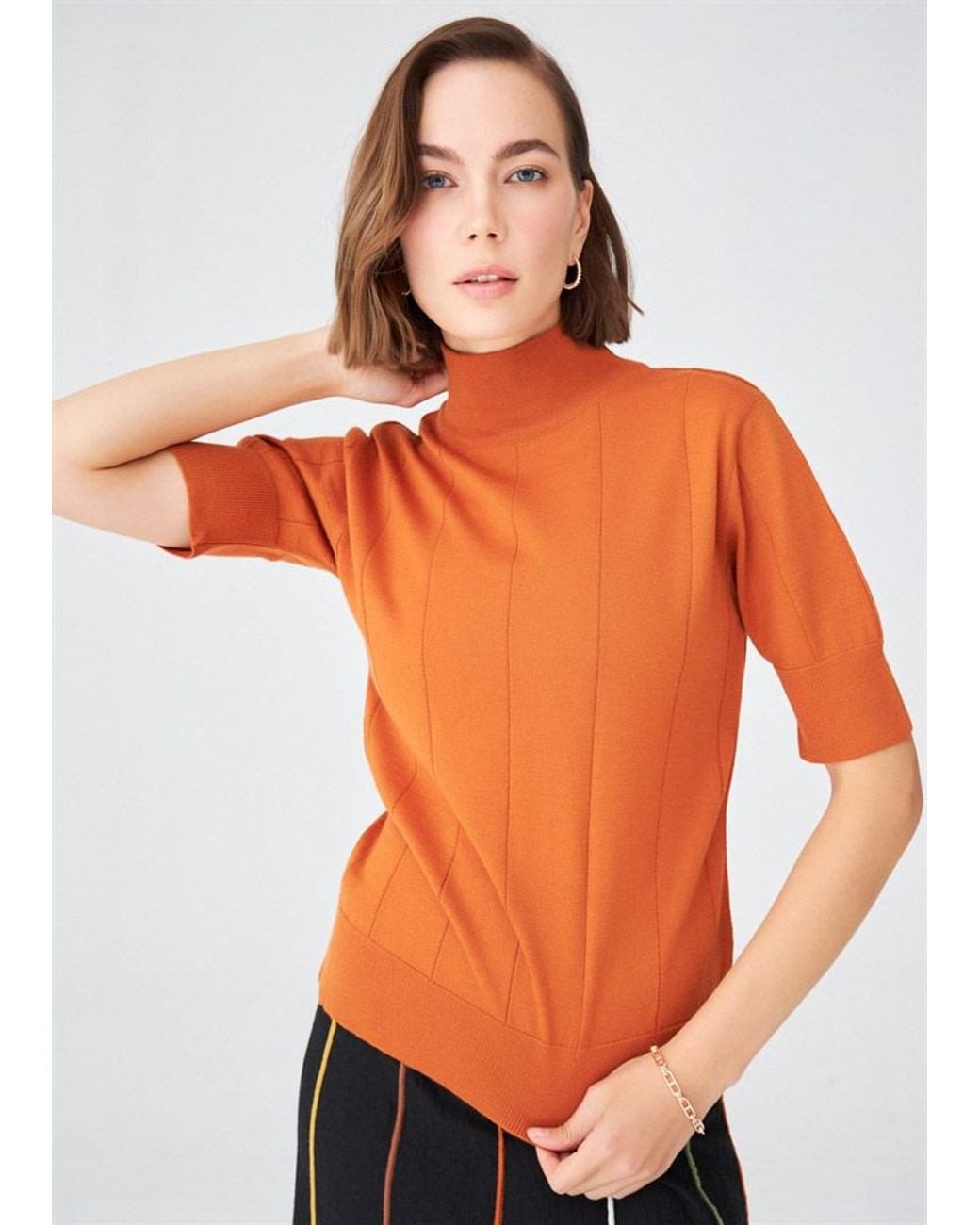 Peraluna Brown Betty High Neck Short Sleeve Knitwear Fine Blouse