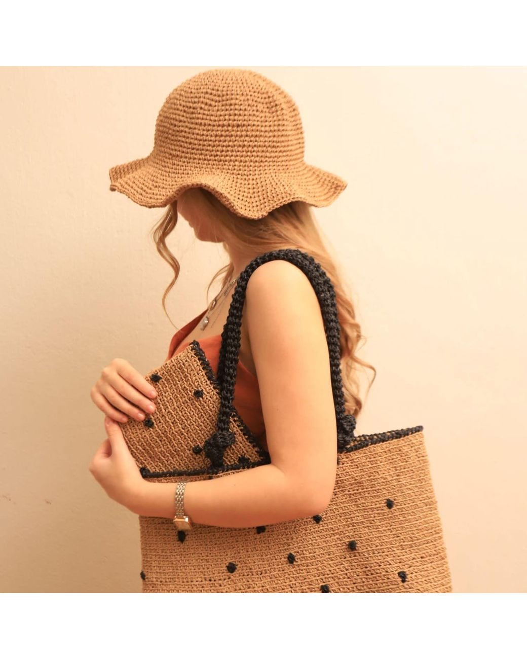 Springmoonatelier Brown Raffia Most Beautiful Polka Dot Beach Bag And Small Clutch Bag